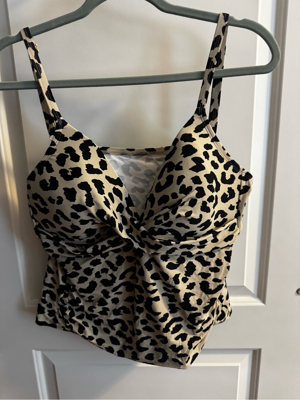 Leopard Print Twist Front Swim Cami in Beige/Black